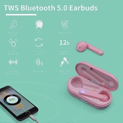 Wireless Earbuds, PINK Bluetooth 5.0 Earphones with Smart Touch, Dual-Mic, Auto-Pair, 3D Stereo, Sweatproof Mini Sports Earbuds Girl Boy Girls Women