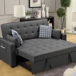  70"W Modern Gray Fabric Sleeper Sofa with 2 USB Charging Ports and 4 Accent Pillows