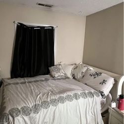 White wood bed frame with mattress and box spring included