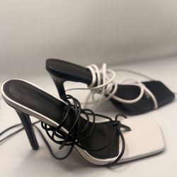 Black White Lace Up Heels Strappy Square Toe Wrap Sandals Women Size 8