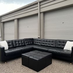 Delivery Available •Black Leather Sectional Couch And Ottoman