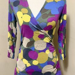 BODEN Womens Sz 6 Multi-color 3/4 Sleeve Faux Wrap Top Boho Circle Print Stretch