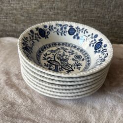 LOT OF 7 VINTAGE  BLUE HERITAGE BOWLS 🥣 6 5/8" BLUE WHITE ENGLAND