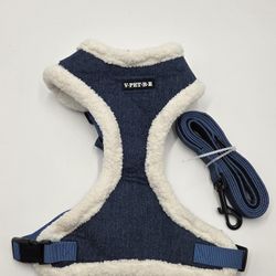Denim & Plush Padded Dog Harness and Leash Set Size Large Blue Winter Vest