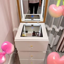 Liftable Makeup Table with 180° Rotating Desktop, Compact Pine Dressing Table Set with 3 Color Makeup Mirror, 3 in 1 Small Makeup Vanity Save Space fo