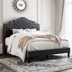 brand new in the box  Allewie Queen Size Platform Bed Frame with Tiara Upholstered Diamond Button Tufted Headboard, Dark Grey