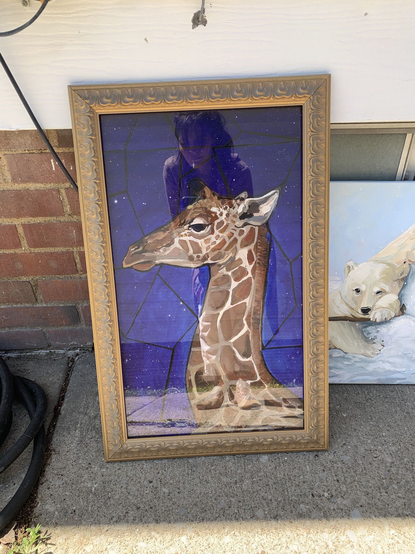 Framed Giraffe Painting On Cardboard