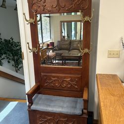Antique Vintage Hall Tree With Mirror, Hooks, and Storage