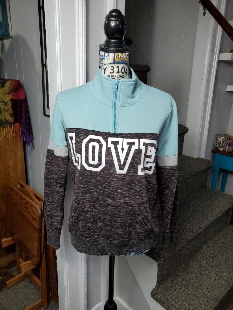 BABY BLUE, WHITE, BLACK & BROWN BLENDED 1/4 ZIP "LOVE" PULLOVER SWEATSHIRT 