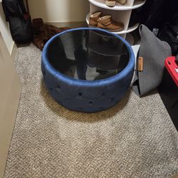 Blue Tufted Velvet Round  ottoman with Glass Top