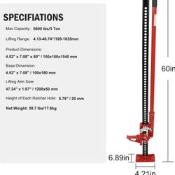 60" Ratcheting Off Road Utility Farm Jack, 3 Ton (6,000 Lb) Capacity High Lift Farm Jack Ideal for Car/Truck/ATV/SUV