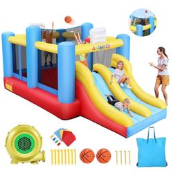 Bounce House with 550W Blower, Bouncy Castle with 2 Basketball Hoops, Inflatable Bounce House for Kids 3~10, Jumping House with Removable Volleyball N