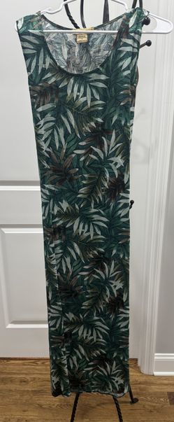Notations Green, Brown, White Leaf Pattern Sleeveless Dress w/connected belt-Size: Small 100% Rayon