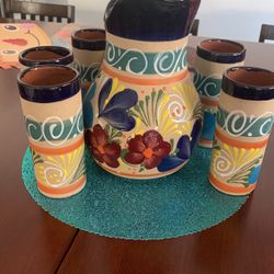 Jarra De Barro Con 6 Vasos Water Pitcher With 6 Glasses