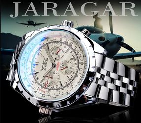 Jaragar Automatic Mechanical Pilot Watch featuring a striking white multi-subdial face