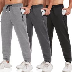 3 Pack Sweatpants for Men Tapered Mens Joggers Pants with Zip Pockets Fleece Slim Fit Workout Running Gym Sweat Pants（large）
