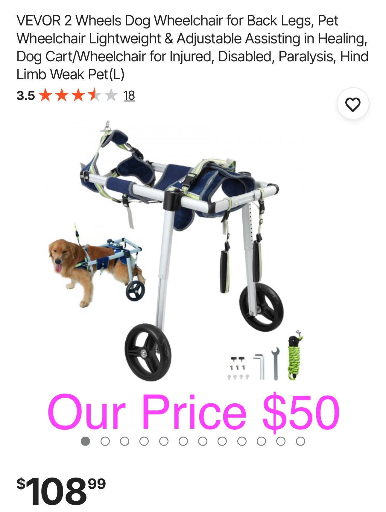 VEVOR 2 Wheels Dog Wheelchair for Back Legs, Pet Wheelchair Lightweight & Adjustable Assisting