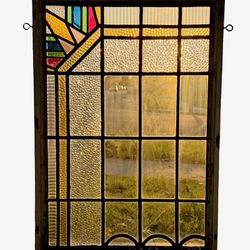 Stained Glass Window Reclaimed Salvaged Art Deco Design Vintage MCM 27”x39”