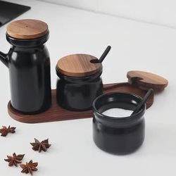 [New] IKEA Spice jar with tray, set of 3, ceramic/black