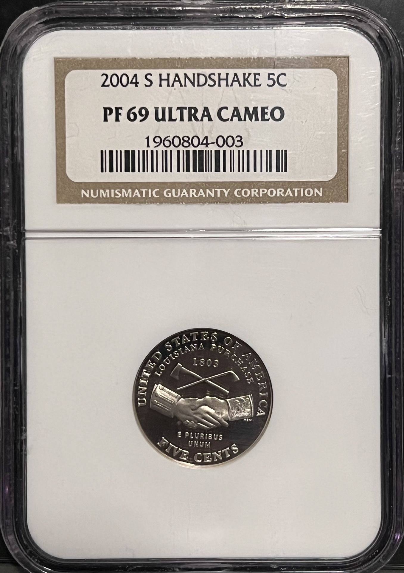 2004 S Louisiana Purchase Peace Handshake Jefferson Nickel • Commemorative Proof Coin • San Francisco Mint • Graded NGC PF69 Ultra Cameo