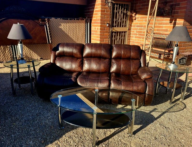 Recliner Sofa, Center Table, 2 Side Tables And 2 Lamps