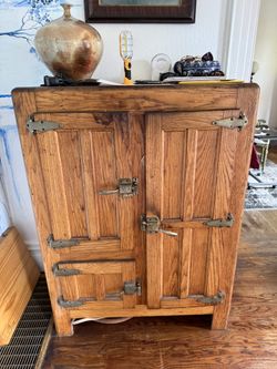 Antique Oak Icebox Cabinet – Rustic Vintage Cooler / Bar Cabinet $150