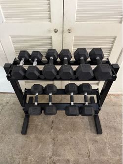 Rubber Hex Dumbbell Set with Rack 10-30s
