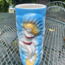 Ceramic Tiki Mug Vase Surfer Girl Dolphins  Made In China  #DW 112.  7”