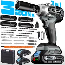 Cordless Impact Wrench, 21V 1/2 Inch 2400RPM Brushless Power Impact Driver, Torque 236 Ft. Lbs. 320N.M with 2.0Ah Battery, Charger, 5 Outlets And Comp