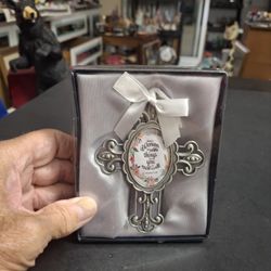 Pewter Silver Metal Cross With Proverb 31:29 That Says "Many Women Do More Things But You Excel Them All" - Has Built In Stand W/White Ribbon 4" X 3"