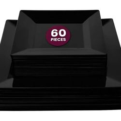 New 60 Count Square Plastic Plates - 6.5"/9.5" Black Disposable Plates for Party