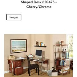 L Shaped Cherry And Glass Desk, Shelf,  And Filing Cabinet