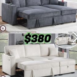 $380 . 2-P Convertible Sectional  Sleeper Sofa W/ Cupholder Sofa Storage & USB Ports  89”x 59”X36”H