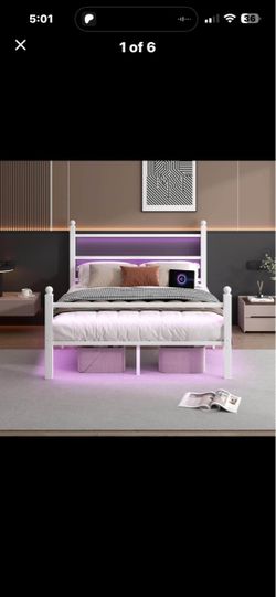 CLIBFENG Full Size Bed Frame with Headboard and Footboard,Steel Slats Support-LED Bed Frame with USB Charging Station,Mattress Foundation-Under Bed St
