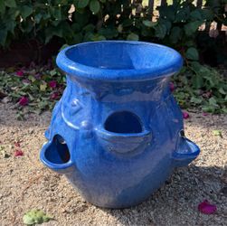 Blue Glazed Ceramic Strawberry/herb  Planter Pot