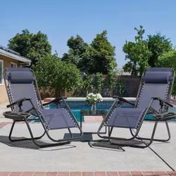 Brand New 2-Piece Dark Blue Zero Gravity Black Metal Lawn Chair Set Adjustable Folding Beach Chair with Pillows and Cup Holders，$70