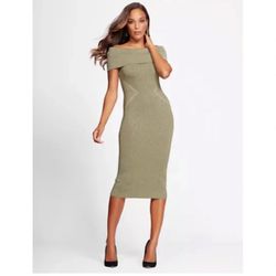 Olive Green Ribbed Off-Shoulder Midi Dress