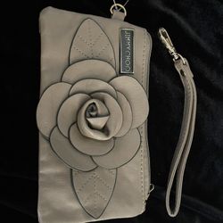 Large Faux Leather Taupe Wristlet with Flower