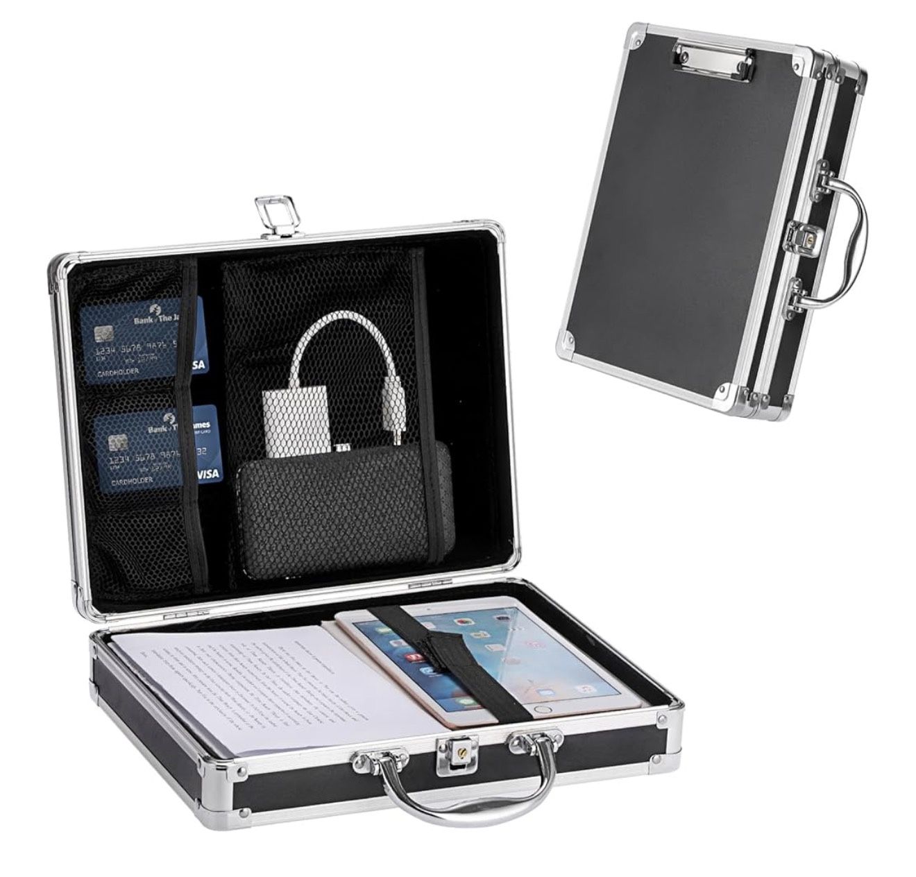 Metal Clipboard Storage briefcase Box with Key Lock and Handle, 12x9 Inch Aluminum Case, letter size