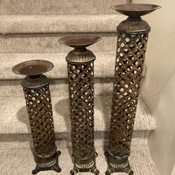 Incredible Set Of 3 Lattice Style Metal Pillar Candle Holders/Stands!!