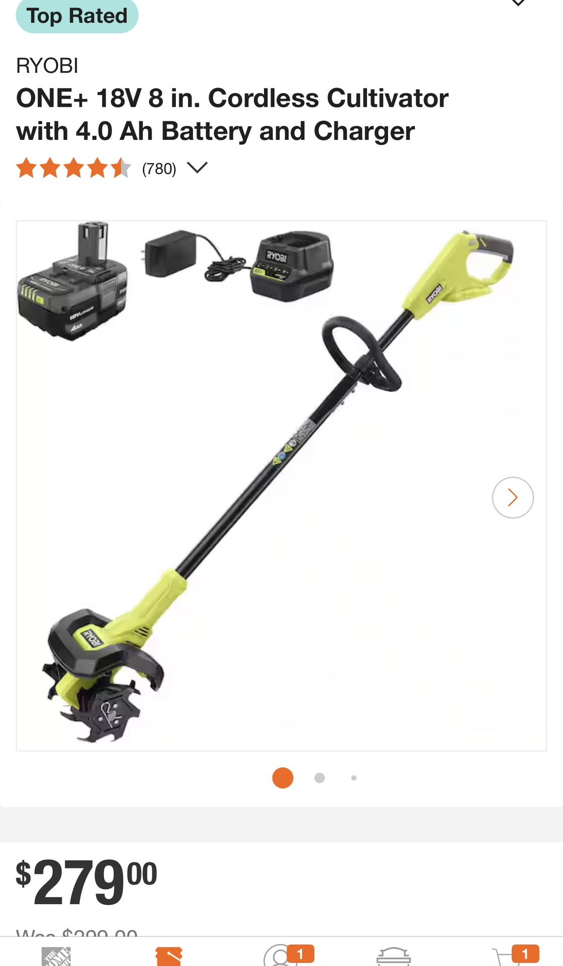 RYOBI ONE+ 18V 8 in. Cordless Cultivator with 4.0 Ah Battery and Charger