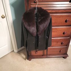 Leather Fox Fur Collar Jacket