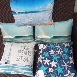 New Outdoor Throw Pillows For Patio Furniture Or Chairs Coastal Accent Cushions Beach Boat Rainbow Star Fish Blue Pillow