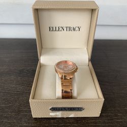 Ellen Tracy Womens Golden Dial Analog Chain Watch With Diamond Rim