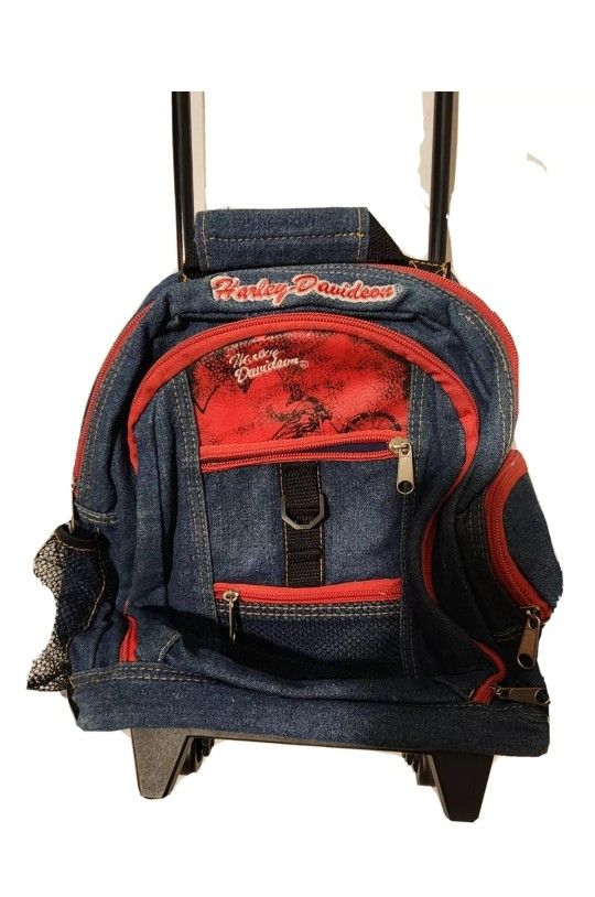 Vintage Harley Davidson Denim Backpack Luggage Rolling Small Book Bag Blue