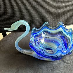 MURANO glass swan bowl  and Art Glass Vase flower blue white green twist”8”. $27 for both.