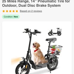 Fastaque Electric Scooter with Seat, 550W Peak Motor E-Scooter Adults, Foldable Scooters for Commute Up to 25 Miles Range, 14” Pneumatic Tire for Outd