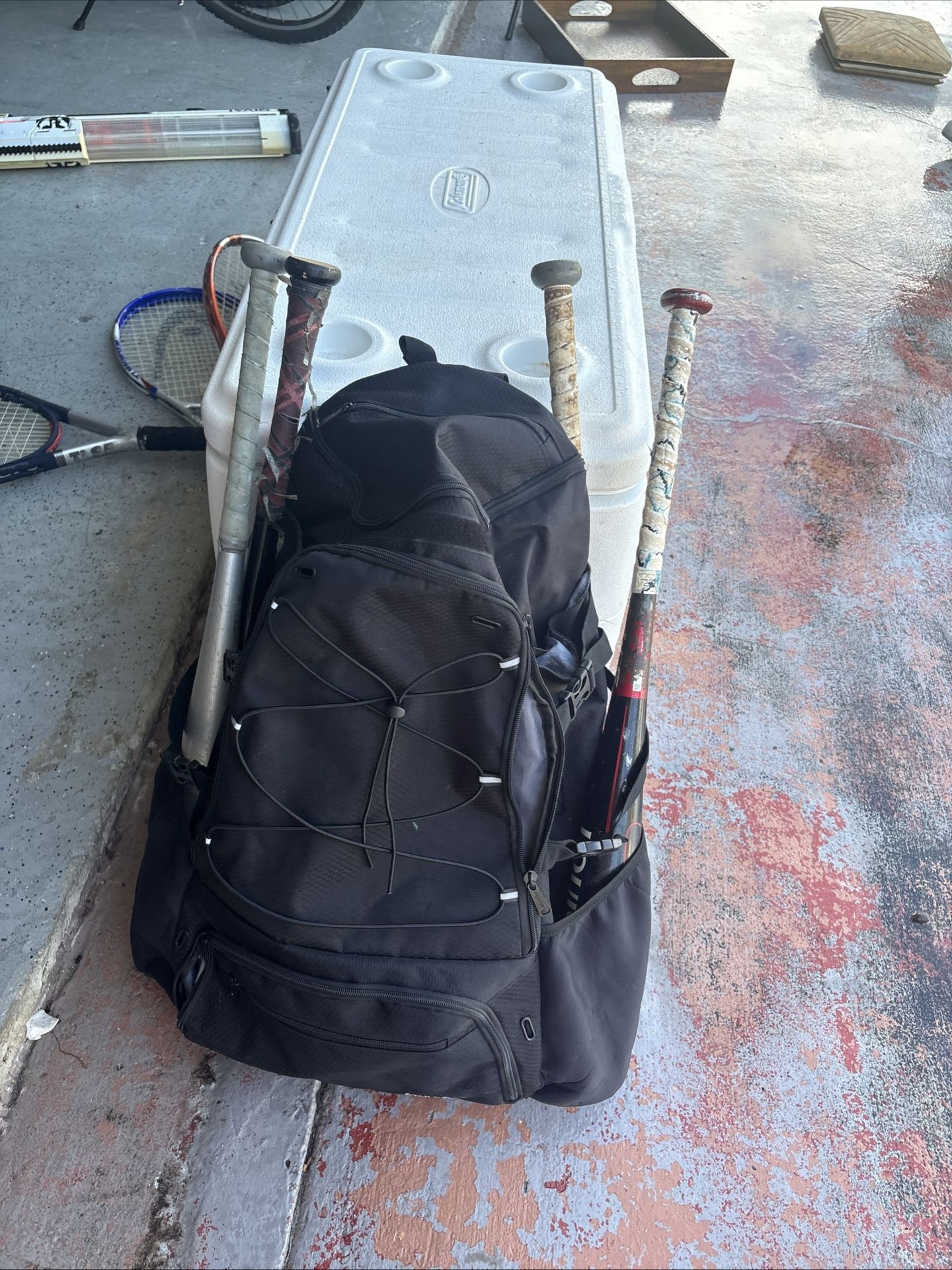 Baseball Bag, Gloves, And Bats