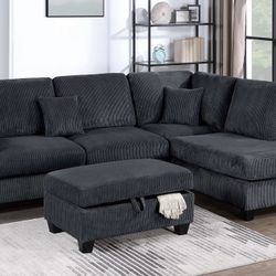 Black corduroy sectional sofa with ottoman