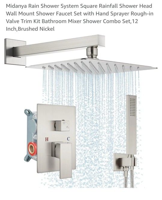 New Midanya Rain Shower System Square Rainfall Shower Head Wall Mount Shower Faucet Set with Hand Sprayer Rough-in Valve Trim Kit Bathroom Mixer